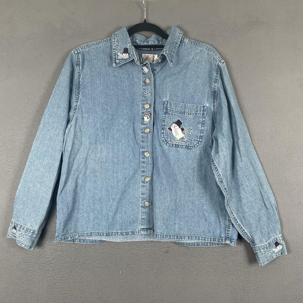 Vintage Christopher & Banks Shirt Womens Large Denim Snowman Holiday 2000s